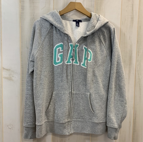 GAP Tops - Gap Grey Zip Up Hoodie Sweatshirt Aqua Blue Logo